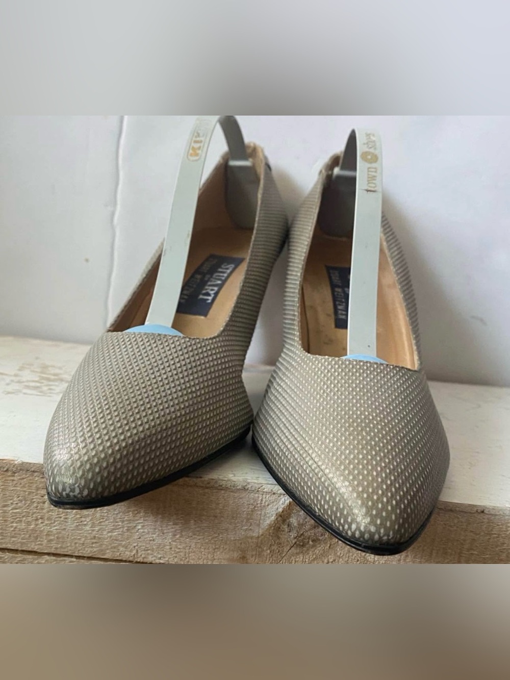 Stuart Weitzman Metallic Taupe Crisscross Heel Pumps